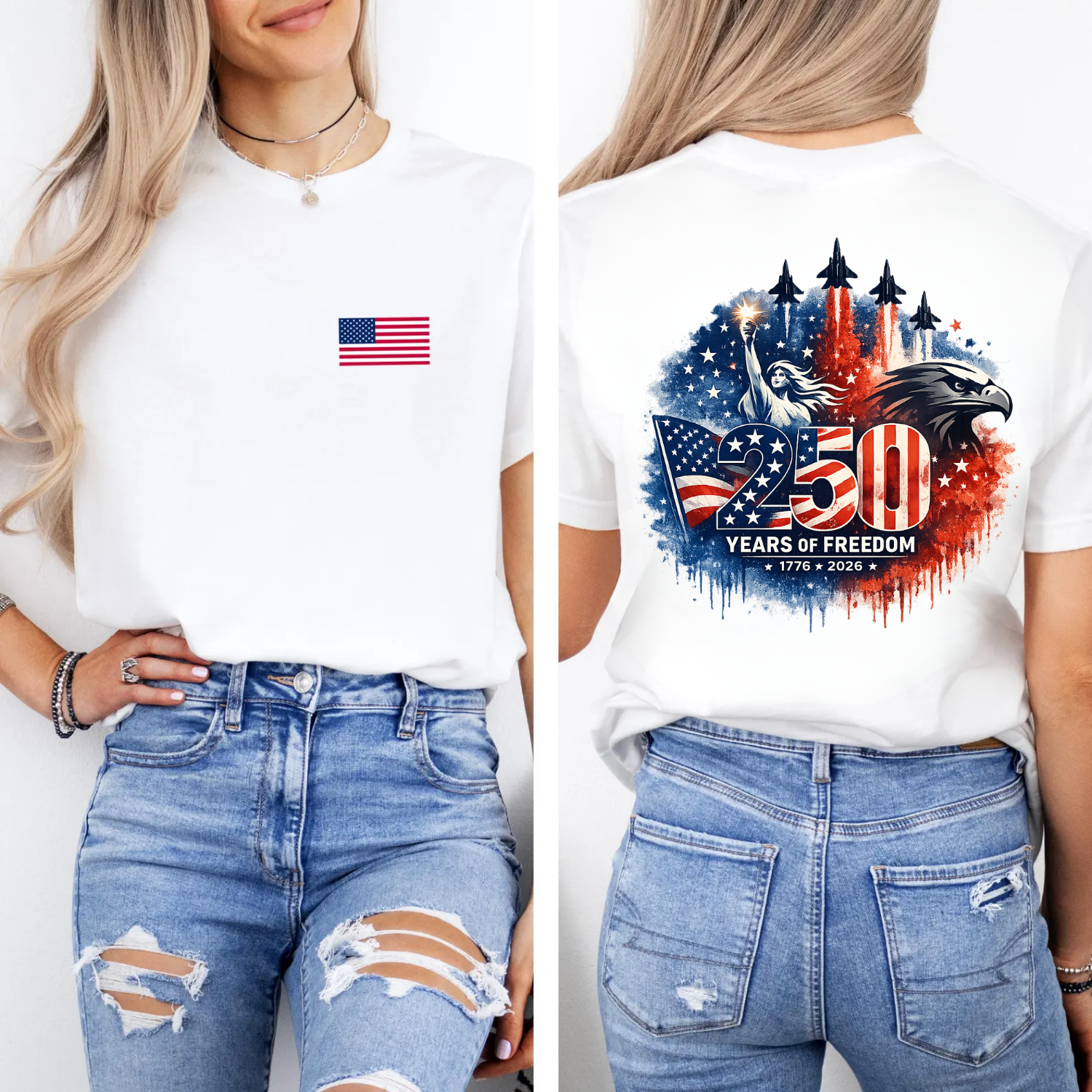 America 250 Shirt, 1776 to 2026 Fighter Jet Tee, Front and Back Print Patriotic Top, 4th of July Shirt, 250 Years of Freedom, USA Graphic
